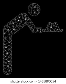 Glossy mesh servant with hat with glitter effect. Abstract illuminated model of servant with hat icon. Shiny wire frame polygonal mesh servant with hat. Vector abstraction on a black background.