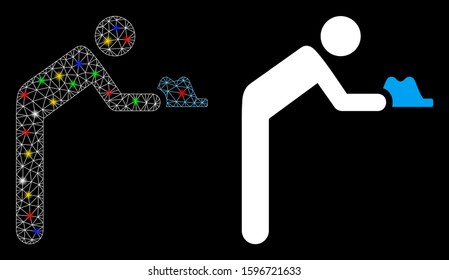 Glossy mesh servant person icon with glitter effect. Abstract illuminated model of servant person. Shiny wire carcass polygonal network servant person icon. Vector abstraction on a black background.