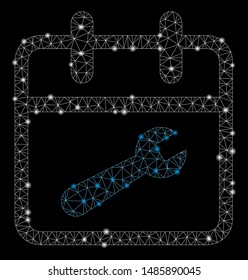 Glossy mesh service day with sparkle effect. Abstract illuminated model of service day icon. Shiny wire frame polygonal mesh service day. Vector abstraction on a black background.