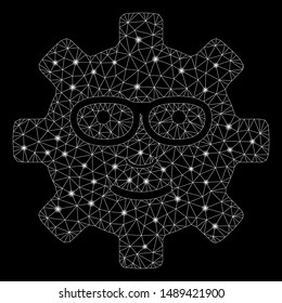 Glossy mesh service gear glad smile with sparkle effect. Abstract illuminated model of service gear glad smile icon. Shiny wire carcass triangular mesh service gear glad smile.