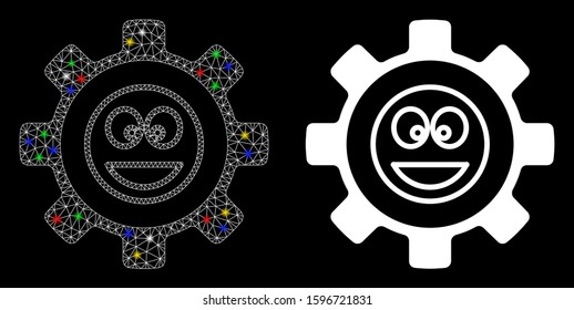 Glossy mesh service gear happy smile icon with sparkle effect. Abstract illuminated model of service gear happy smile. Shiny wire carcass triangular mesh service gear happy smile icon.