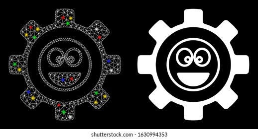 Glossy mesh service gear laugth smile icon with glow effect. Abstract illuminated model of service gear laugth smile. Shiny wire frame polygonal network service gear laugth smile icon.