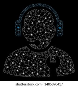 Glossy mesh service operator with glow effect. Abstract illuminated model of service operator icon. Shiny wire frame triangular mesh service operator. Vector abstraction on a black background.