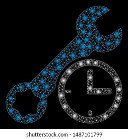 Glossy mesh service time with glitter effect. Abstract illuminated model of service time icon. Shiny wire carcass polygonal mesh service time. Vector abstraction on a black background.
