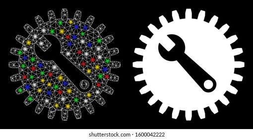 Glossy mesh service tools icon with glitter effect. Abstract illuminated model of service tools. Shiny wire frame polygonal mesh service tools icon. Vector abstraction on a black background.