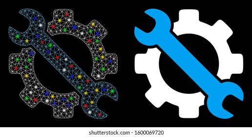 Glossy mesh service tools icon with lightspot effect. Abstract illuminated model of service tools. Shiny wire frame polygonal mesh service tools icon. Vector abstraction on a black background.