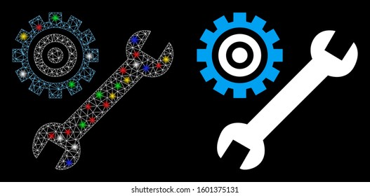 Glossy mesh service tools icon with glare effect. Abstract illuminated model of service tools. Shiny wire frame triangular network service tools icon. Vector abstraction on a black background.