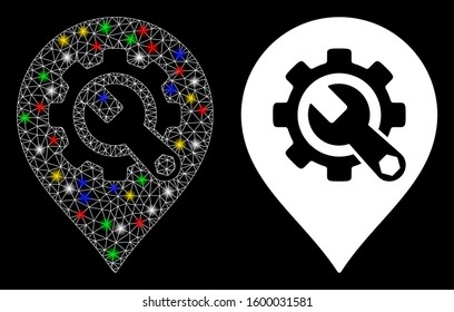 Glossy mesh service tools map marker icon with glitter effect. Abstract illuminated model of service tools map marker. Shiny wire carcass polygonal network service tools map marker icon.