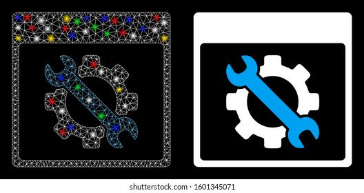 Glossy mesh settings tools calendar page icon with glitter effect. Abstract illuminated model of settings tools calendar page. Shiny wire frame triangular mesh settings tools calendar page icon.