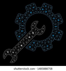 Glossy mesh setup tools with sparkle effect. Abstract illuminated model of setup tools icon. Shiny wire frame triangular mesh setup tools. Vector abstraction on a black background.