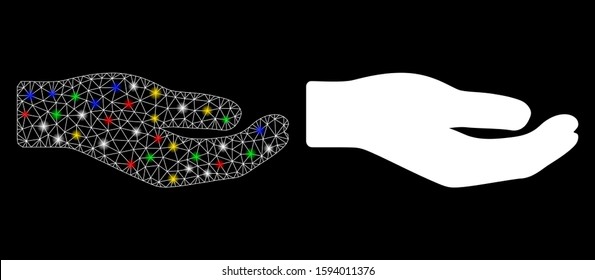 Glossy mesh share hand icon with glitter effect. Abstract illuminated model of share hand. Shiny wire carcass triangular mesh share hand icon. Vector abstraction on a black background.
