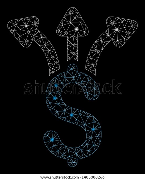 Glossy mesh\
share money with lightspot effect. Abstract illuminated model of\
share money icon. Shiny wire frame triangular mesh share money.\
Vector abstraction on a black\
background.