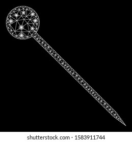 Glossy mesh sharp pin with sparkle effect. Abstract illuminated model of sharp pin icon. Shiny wire frame triangular mesh sharp pin. Vector abstraction on a black background.