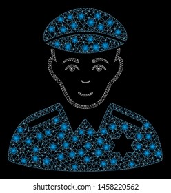 Glossy mesh sheriff with glitter effect. Abstract illuminated model of sheriff icon. Shiny wire carcass triangular mesh sheriff. Vector abstraction on a black background.