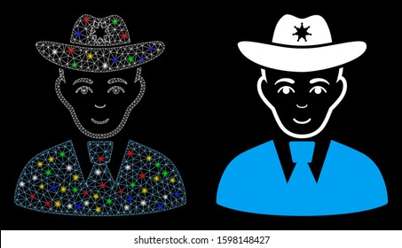 Glossy mesh sheriff icon with glitter effect. Abstract illuminated model of sheriff. Shiny wire frame polygonal mesh sheriff icon. Vector abstraction on a black background.