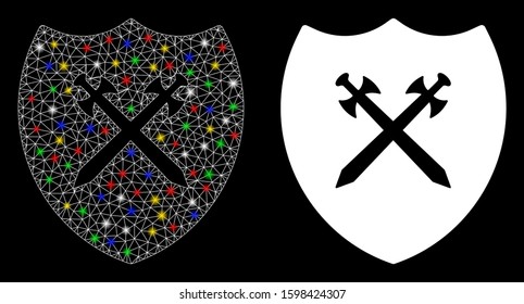 Glossy mesh shield icon with lightspot effect. Abstract illuminated model of shield. Shiny wire frame triangular mesh shield icon. Vector abstraction on a black background.