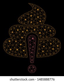 Glossy mesh shit caution with glow effect. Abstract illuminated model of shit caution icon. Shiny wire carcass triangular mesh shit caution. Vector abstraction on a black background.