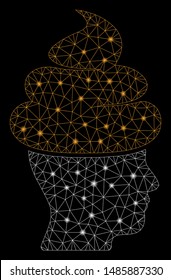 Glossy mesh shit guy with glow effect. Abstract illuminated model of shit guy icon. Shiny wire carcass polygonal network shit guy. Vector abstraction on a black background.