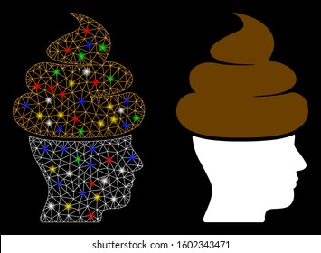 Glossy mesh shit guy icon with sparkle effect. Abstract illuminated model of shit guy. Shiny wire carcass polygonal mesh shit guy icon. Vector abstraction on a black background.