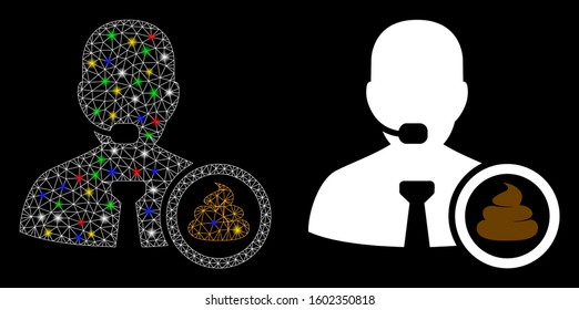 Glossy mesh shit operator icon with lightspot effect. Abstract illuminated model of shit operator. Shiny wire frame polygonal mesh shit operator icon. Vector abstraction on a black background.