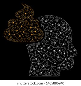 Glossy mesh shit thinking head with glare effect. Abstract illuminated model of shit thinking head icon. Shiny wire frame polygonal mesh shit thinking head. Vector abstraction on a black background.