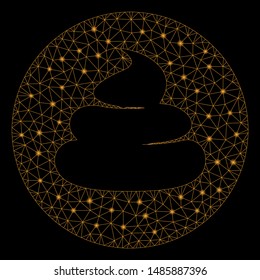 Glossy mesh shitcoin with glitter effect. Abstract illuminated model of shitcoin icon. Shiny wire carcass triangular network shitcoin. Vector abstraction on a black background.