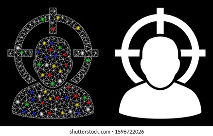 Glossy mesh shoot person icon with glare effect. Abstract illuminated model of shoot person. Shiny wire carcass polygonal mesh shoot person icon. Vector abstraction on a black background.