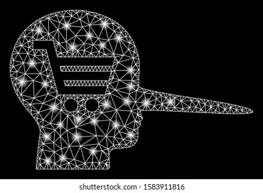 Glossy mesh shopping scammer with glitter effect. Abstract illuminated model of shopping scammer icon. Shiny wire carcass triangular mesh shopping scammer. Vector abstraction on a black background.