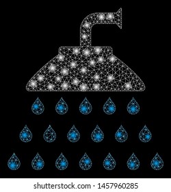 Glossy mesh shower with glitter effect. Abstract illuminated model of shower icon. Shiny wire frame triangular mesh shower. Vector abstraction on a black background.