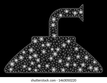 Glossy mesh shower head with glitter effect. Abstract illuminated model of shower head icon. Shiny wire frame triangular network shower head. Vector abstraction on a black background.