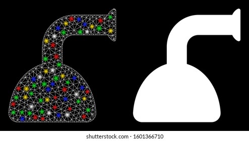 Glossy mesh shower head icon with glitter effect. Abstract illuminated model of shower head. Shiny wire frame triangular network shower head icon. Vector abstraction on a black background.