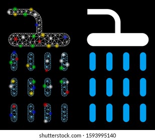 Glossy mesh shower icon with sparkle effect. Abstract illuminated model of shower. Shiny wire frame triangular mesh shower icon. Vector abstraction on a black background.