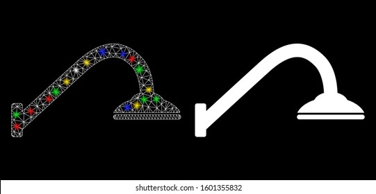 Glossy mesh shower pipe icon with lightspot effect. Abstract illuminated model of shower pipe. Shiny wire frame triangular mesh shower pipe icon. Vector abstraction on a black background.