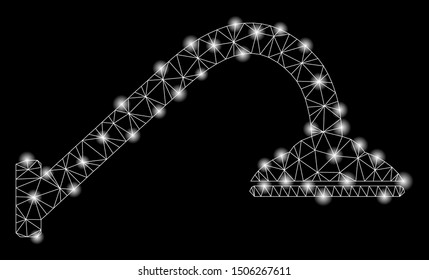 Glossy mesh shower pipe with lightspot effect. Abstract illuminated model of shower pipe icon. Shiny wire frame triangular mesh shower pipe. Vector abstraction on a black background.