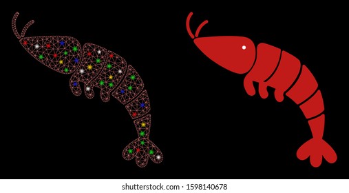 Glossy mesh shrimp icon with sparkle effect. Abstract illuminated model of shrimp. Shiny wire carcass polygonal mesh shrimp icon. Vector abstraction on a black background.