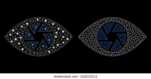 Glossy mesh shutter eye with lightspot effect. Abstract illuminated model of shutter eye icon. Shiny wire frame triangular mesh shutter eye icon. Vector abstraction on a black background.