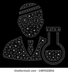 Glossy mesh sick chemist with lightspot effect. Abstract illuminated model of sick chemist icon. Shiny wire frame polygonal network sick chemist. Vector abstraction on a black background.
