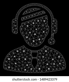 Glossy mesh sick dispatcher with glare effect. Abstract illuminated model of sick dispatcher icon. Shiny wire frame triangular network sick dispatcher. Vector abstraction on a black background.