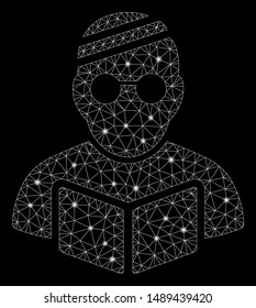 Glossy mesh sick student with glow effect. Abstract illuminated model of sick student icon. Shiny wire frame polygonal mesh sick student. Vector abstraction on a black background.