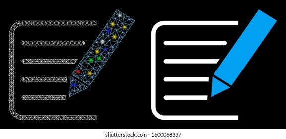 Glossy mesh sign agreement icon with glitter effect. Abstract illuminated model of sign agreement. Shiny wire carcass triangular mesh sign agreement icon. Vector abstraction on a black background.