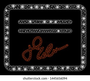 Glossy mesh signature certification with glare effect. Abstract illuminated model of signature certification icon. Shiny wire frame triangular mesh signature certification.