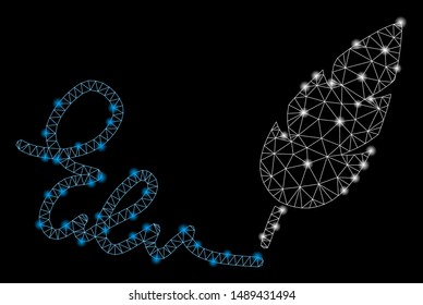 Glossy mesh signature with sparkle effect. Abstract illuminated model of signature icon. Shiny wire frame polygonal network signature. Vector abstraction on a black background.