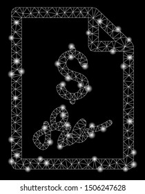 Glossy mesh signed bill with sparkle effect. Abstract illuminated model of signed bill icon. Shiny wire frame polygonal network signed bill. Vector abstraction on a black background.