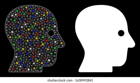 Glossy mesh silent head icon with glow effect. Abstract illuminated model of silent head. Shiny wire carcass triangular mesh silent head icon. Vector abstraction on a black background.