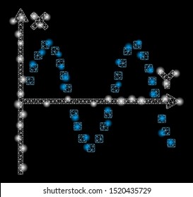 Glossy mesh sine plot with lightspot effect. Abstract illuminated model of sine plot icon. Shiny wire frame triangular mesh sine plot. Vector abstraction on a black background.