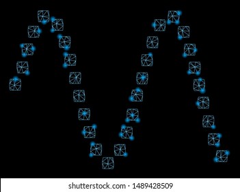 Glossy mesh sinusoid with glow effect. Abstract illuminated model of sinusoid icon. Shiny wire frame polygonal mesh sinusoid. Vector abstraction on a black background.