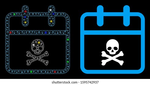 Glossy mesh skull deadline day icon with glare effect. Abstract illuminated model of skull deadline day. Shiny wire frame triangular network skull deadline day icon.