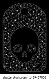 Glossy mesh skull label with sparkle effect. Abstract illuminated model of skull label icon. Shiny wire frame triangular mesh skull label. Vector abstraction on a black background.