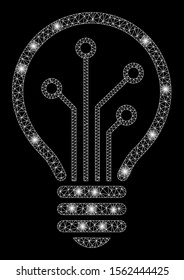 Glossy mesh smart bulb with sparkle effect. Abstract illuminated model of smart bulb icon. Shiny wire carcass polygonal mesh smart bulb. Vector abstraction on a black background.