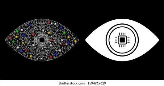 Glossy mesh smart vision eye icon with glare effect. Abstract illuminated model of smart vision eye. Shiny wire frame polygonal mesh smart vision eye icon. Vector abstraction on a black background.